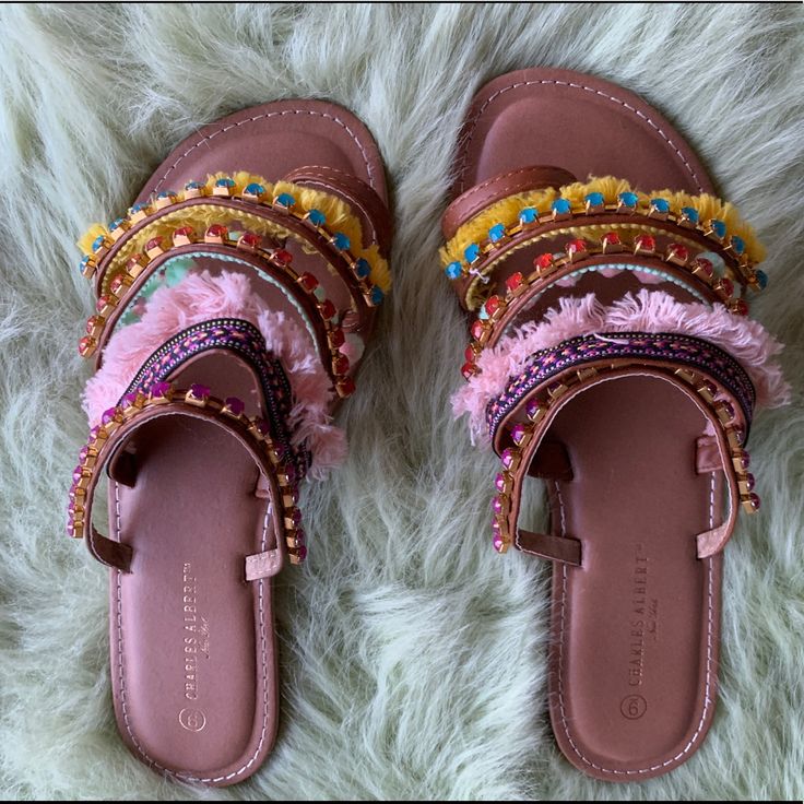 Brand New Boho Sandals With Fluffy Details, Jewels, & Lace. Bohemian Synthetic Sandals For Vacation, Bohemian Synthetic Sandals For Beach Season, Bohemian Synthetic Sandals For The Beach, Bohemian Synthetic Sandals For Beach, Bohemian Style Synthetic Sandals For Beach, Trendy Summer Festival Sandals, Trendy Multicolor Sandals For Festivals, Trendy Multicolor Festival Sandals, Adjustable Synthetic Sandals For Festivals