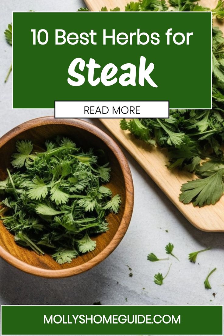 a wooden bowl filled with green herbs next to a cutting board