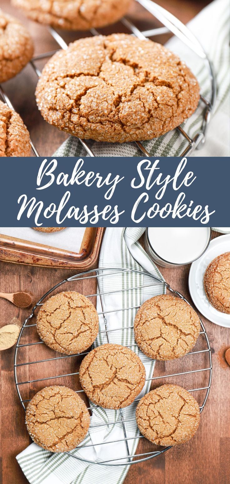 Top image shows a side view of a bakery style molasses cookie on a cooling rack. Bottom image shows an overhead view of a batch of bakery style molasses cookies on a cooling rack. Thick Cookie Recipes, Chewy Molasses Cookies, Molasses Cookies Recipe, Cookie Exchange Recipes, Cookie Bakery, Ginger Molasses Cookies, Cookie Recipes Homemade, Big Cookie, Molasses Cookies