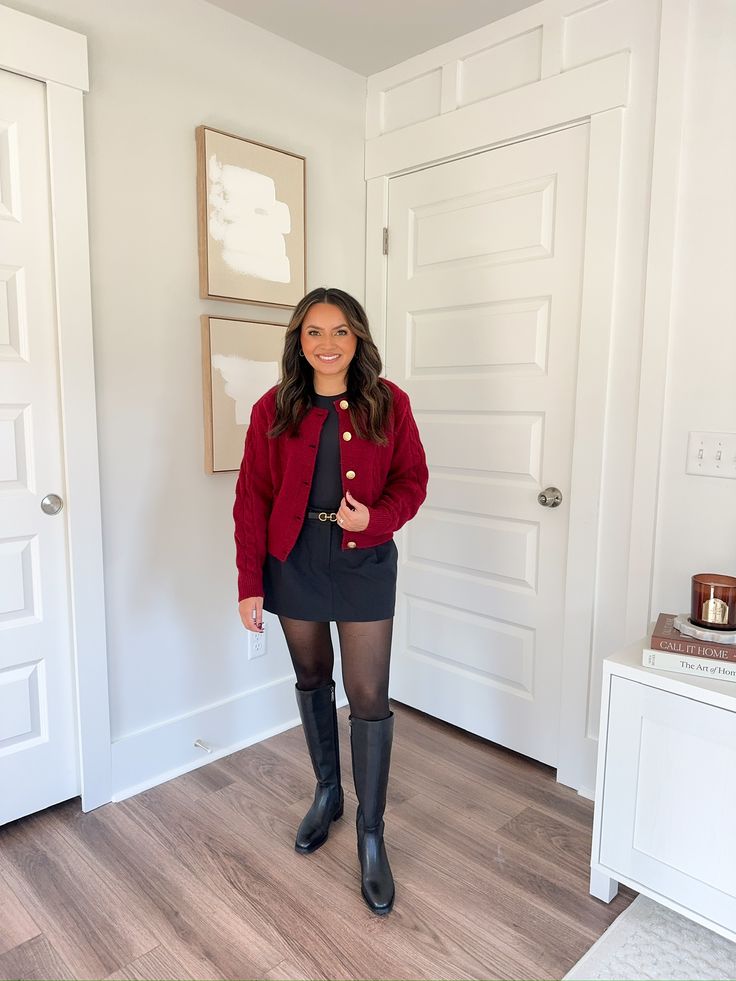 fall outfit / red cardigan / autumn cardigan / fall cardigan / black boots / riding boots Red Cardigan Outfit Fall, Autumn Cardigan, Fall Cardigan, Fall Cardigans, Cable Knit Sweater Cardigan, Outfit Red, Red Cardigan, Cardigan Outfits, Cardigan Black