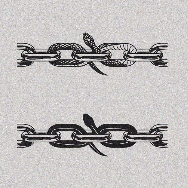 two black and white images of chains with an arrow in the middle one has a snake on it