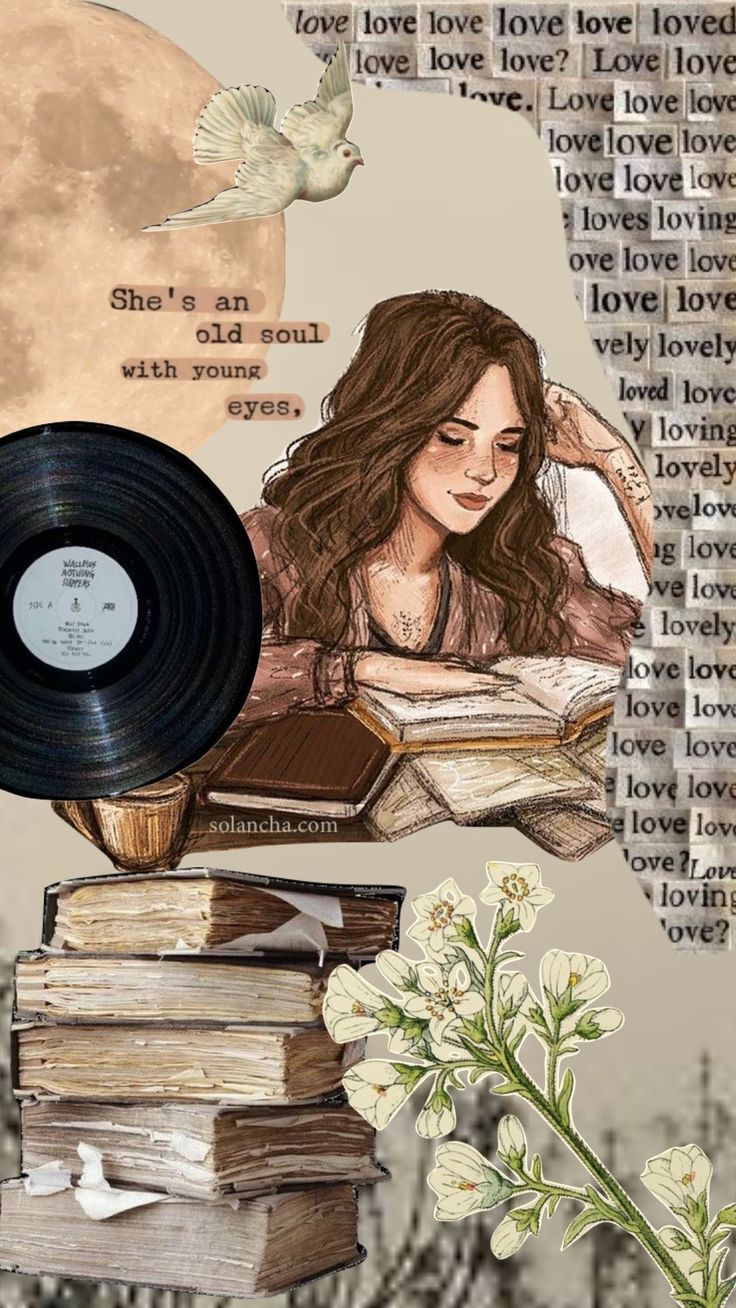 a collage of books, flowers and a vinyl record on top of each other