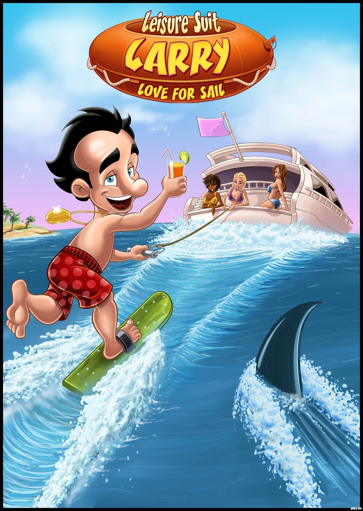 a cartoon man riding a surfboard on top of a wave in front of a boat