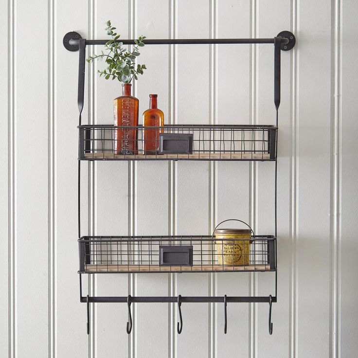 Industrial Wall Mounted Two Shelf Metal Organizer with Hooks-Wall Decor-Vintage Shopper Better Organization, Storing Spices, Wall Mount Rack, Farmhouse Shelves, Shelf Organizer, Tag Holder, Industrial Wall, Towel Hooks, Wall Organization