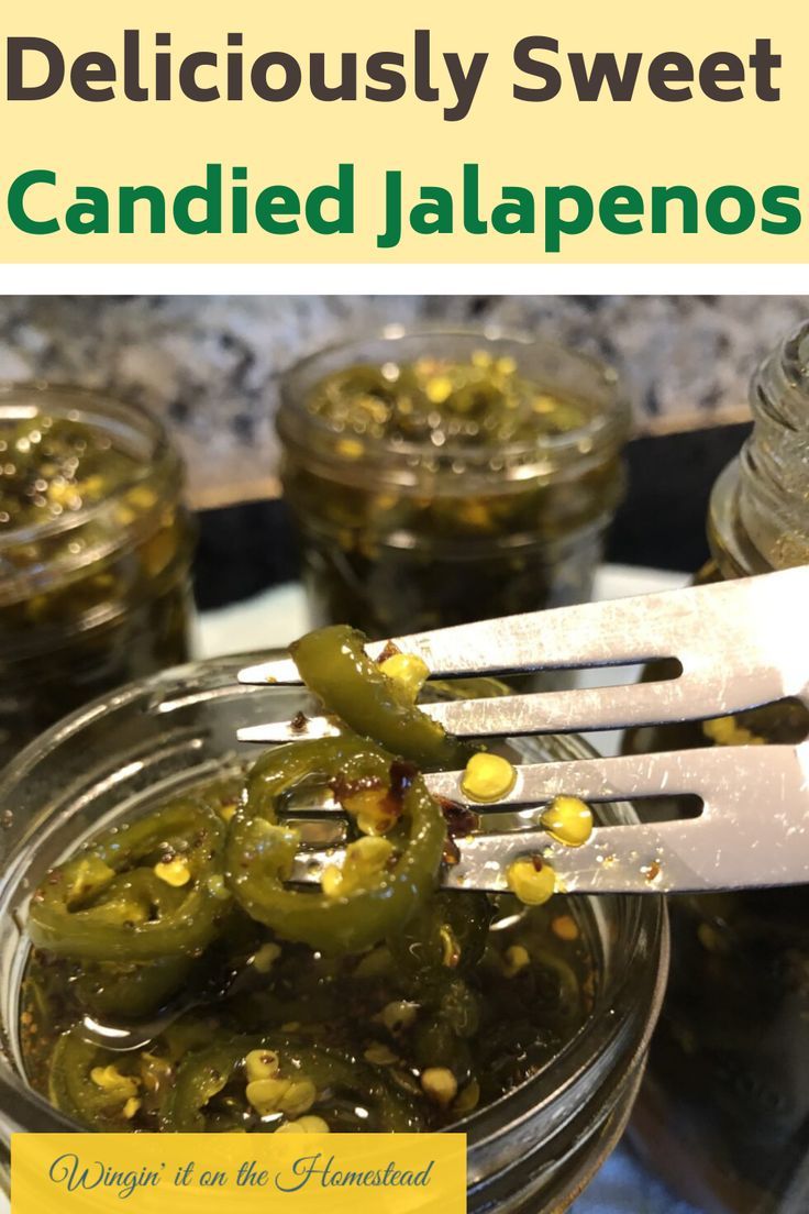 pickled jalapenos on a fork in a jar with the title deliciously sweet candied jalapenos