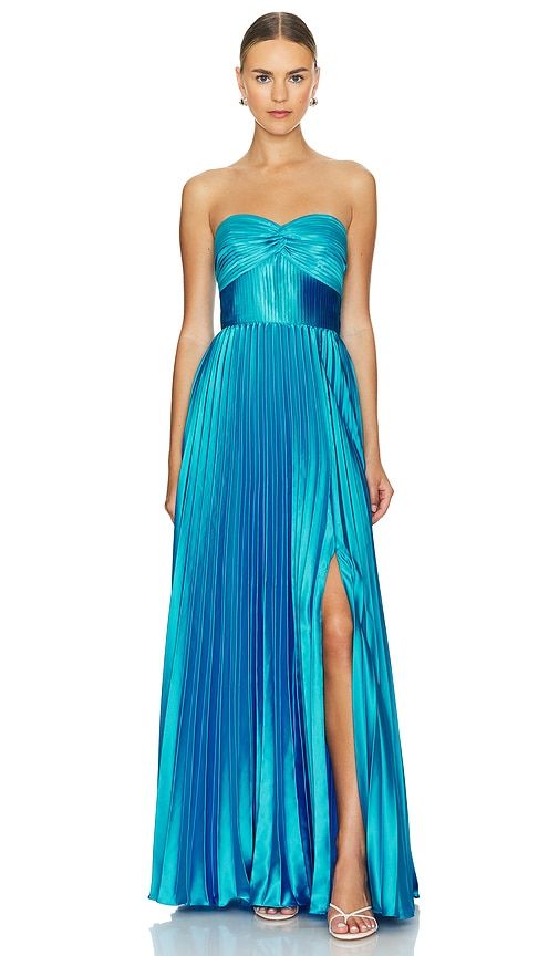 Find AMUR Stef Pleated Gown In Blue on Editorialist. AMUR Stef Pleated Gown in Blue. - size 00 (also in 0, 10, 12, 2, 4, 6) AMUR Stef Pleated Gown in Blue. - size 00 (also in 0, 10, 12, 2, 4, 6) Self: 97% recycled polyester 3% polyester Lining: 100% recycled polyester. Made in China. Dry clean. Partially lined. Hidden back zipper closure. Neckline to hem measures approx 53 in length. UAMR-WD212. 5819647. Between vivid prints and contemporary silhouettes, AMUR (also referred to as A Mindful Use o Senior Dresses, Nola Formal, Prom Dress Inspo, Preppy Prom, Prom Inspo, Pleated Gown, Winter Formal Dresses, Prom Dress Inspiration, Cute Prom Dresses