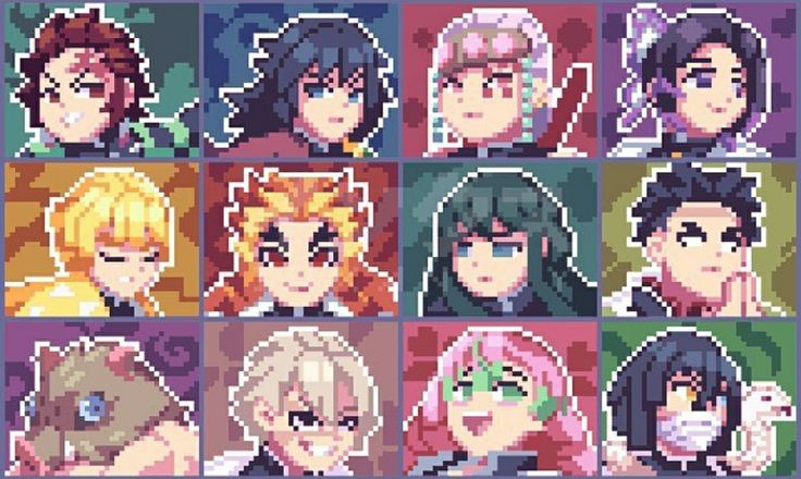 an image of pixel art with many different faces and hair styles, all in various colors