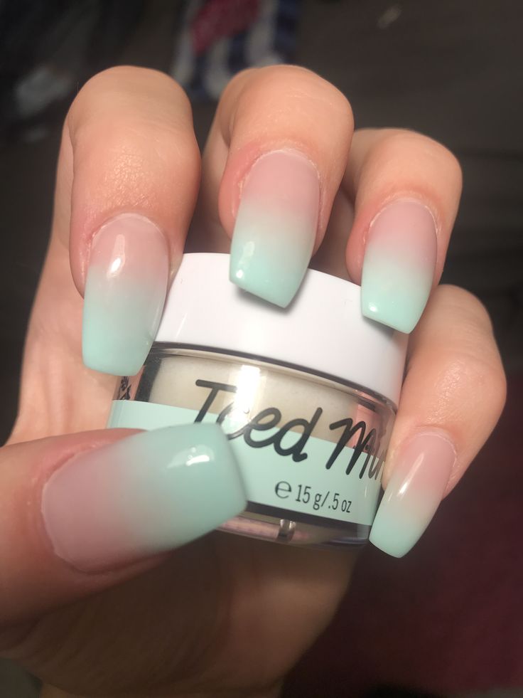 Mint & pink powder ombre nails Ombre Mint Green Nails, Ombre Nails Matte Short, Mint Dip Powder Nails, Summer Ombre Acrylic Nails, Colored Ombre French Tip Nails, Dip Powder Nails Green Ombre, Mint Ombre Acrylic Nails, Ombre Nail Designs Green, Beachy Ombre Nails