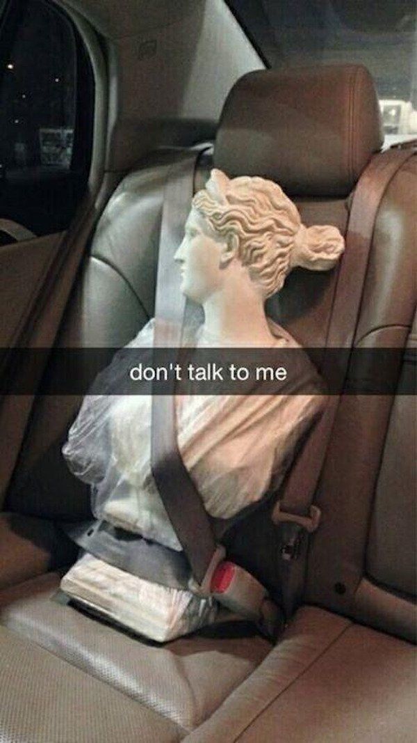 a busturine sitting in the back seat of a car that says, don't talk to me