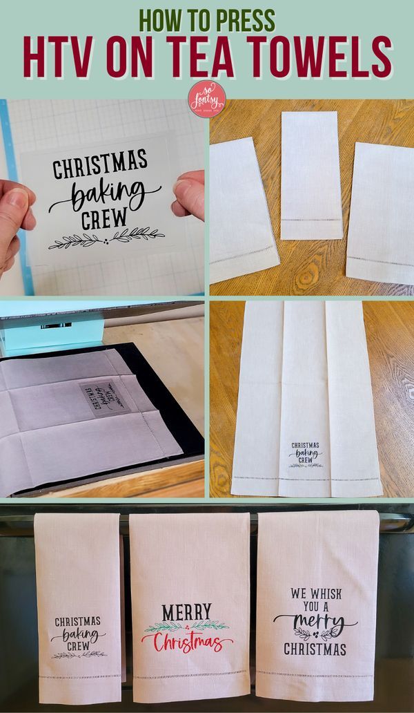 the instructions for how to make christmas tea towels with heat press and paper towel printables