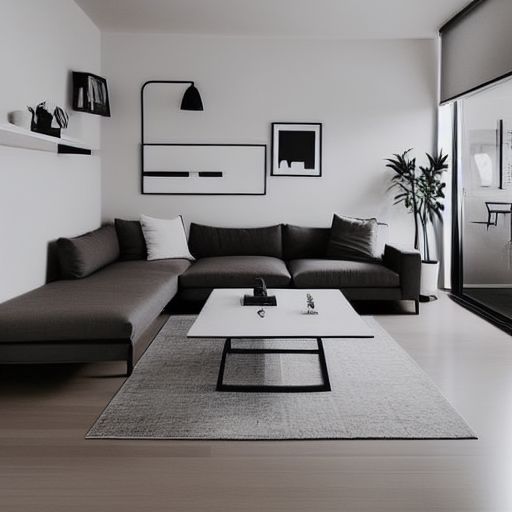 a black and white living room with couches, coffee table and pictures on the wall