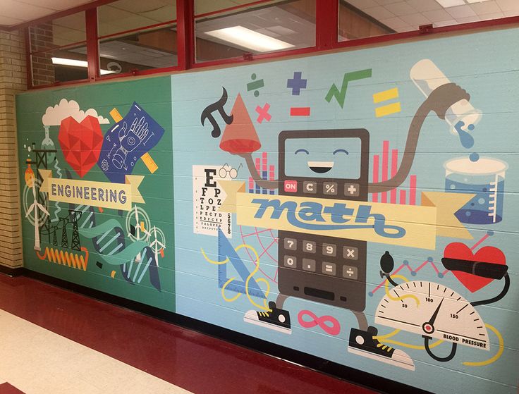 a mural on the side of a wall in a school hallway that reads, engineering and math