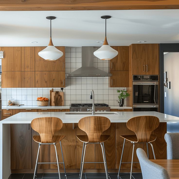 a kitchen with wooden cabinets and white counter tops, four chairs are in front of the island