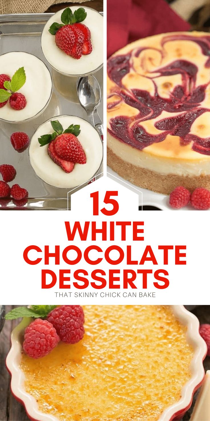 white chocolate desserts with raspberries on the top and bottom, including cheesecake