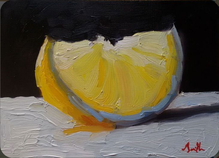 an oil painting of a lemon on a table