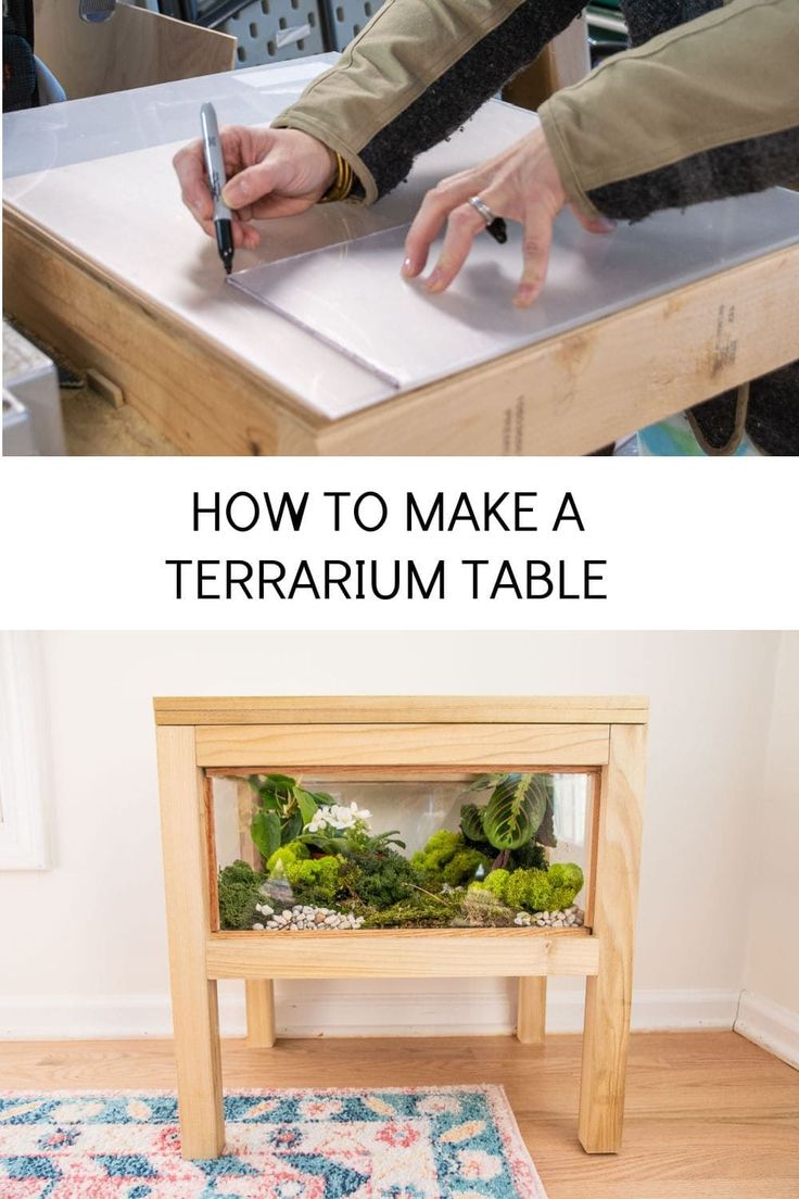 two photos showing how to make a terrarium table