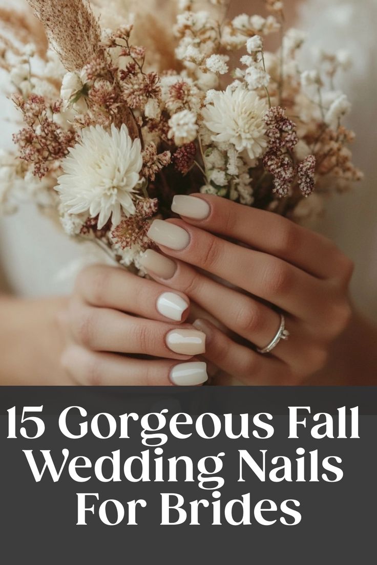 a woman holding flowers with text that reads, 15 gorgeous fall wedding nails for brides