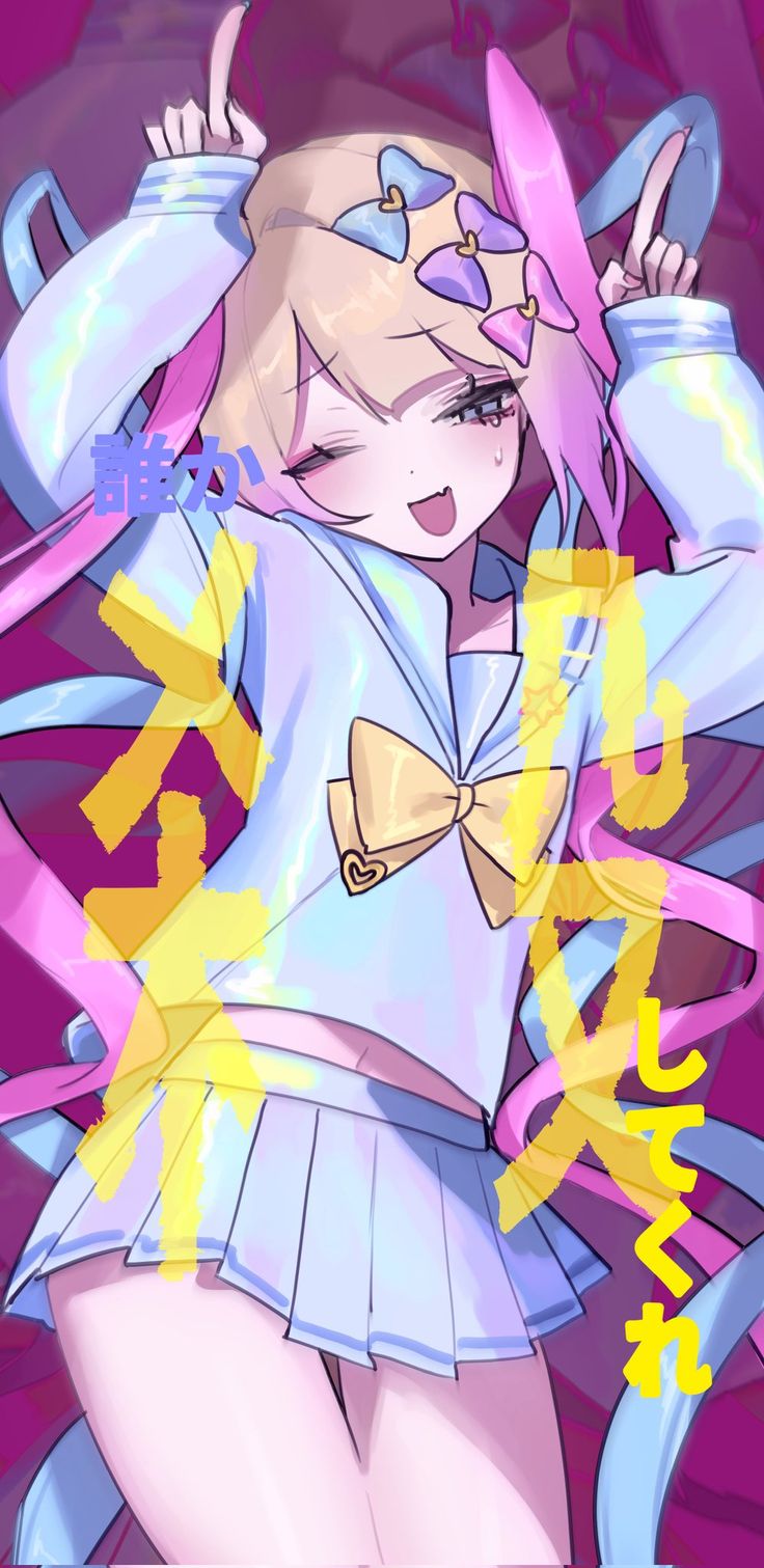 an anime character with pink hair and blue clothes, holding her hands behind her head