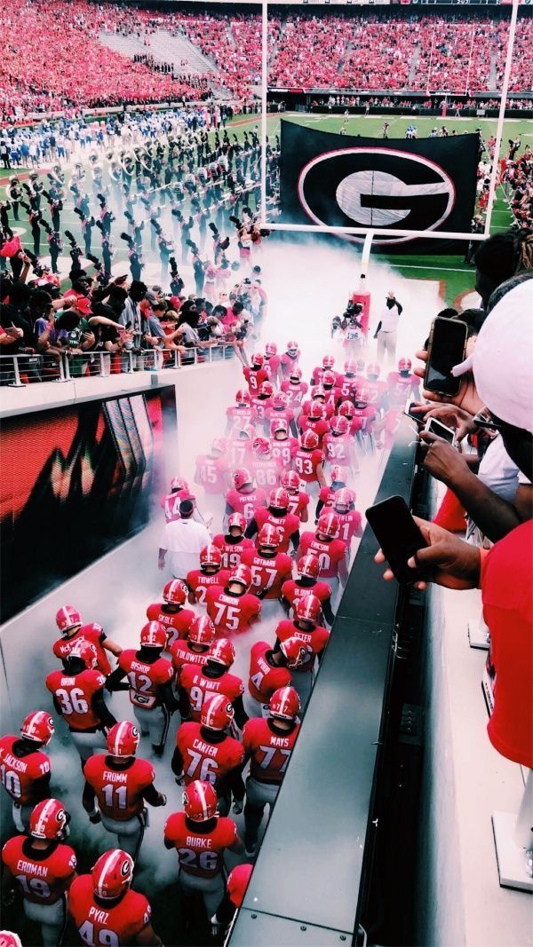 a large group of football players are lined up on the sidelines at a stadium