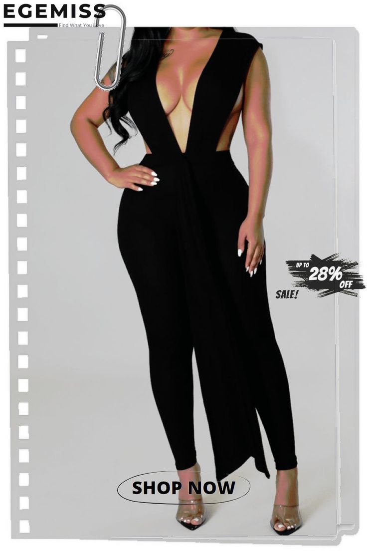 Sexy Solid Split Joint Backless Asymmetrical V Neck Regular Jumpsuits Cutout Bodysuit For Night Out, Asymmetrical Black Bodysuit For Party, Black Asymmetrical Bodysuit For Party, Trendy Asymmetrical Bodysuit For Night Out, Black Asymmetrical Party Bodysuit, Solid Color Backless Bodysuit For Evening, Backless Bodysuit For Evening, Chic Backless Strapless Jumpsuit For Party, Evening Backless Bodysuit