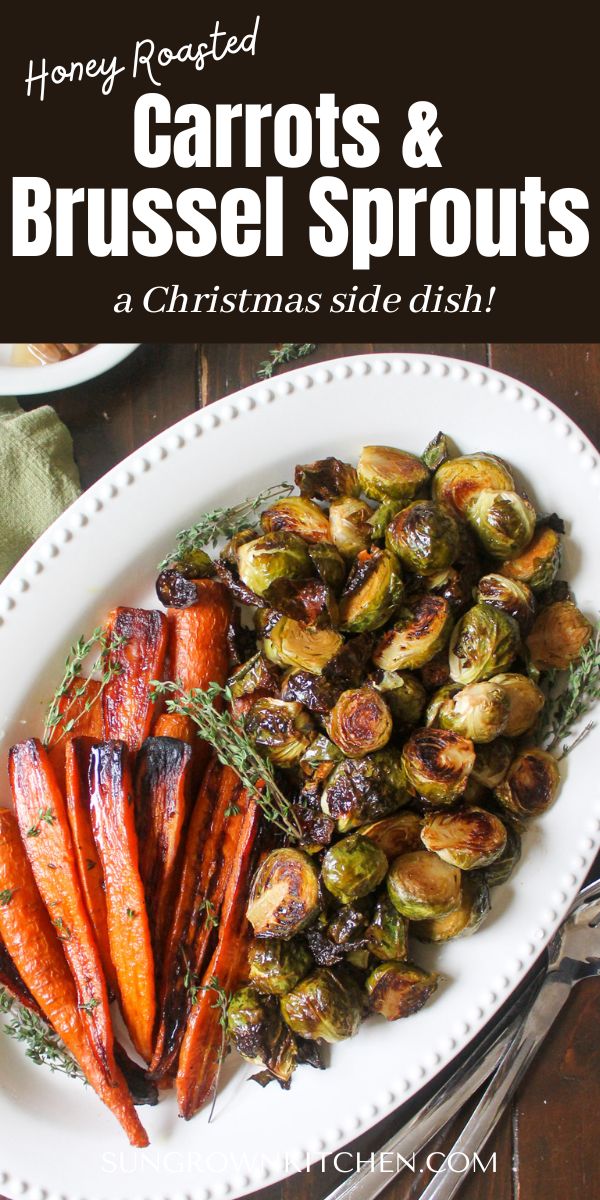 A platter of roasted carrots and Brussel sprouts for the holidays! Roasted Carrots And Brussel Sprouts, Carrots And Brussel Sprouts, Honey Roasted Brussel Sprouts, Honey Balsamic Brussel Sprouts, Brussel Sprout Side Dish, Christmas Vegetables Side Dishes, Honey Brussel Sprouts, Balsamic Carrots, Honey Balsamic Glaze