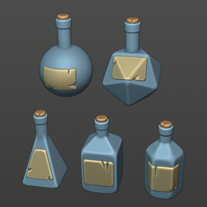 several blue bottles with gold labels on them are shown in the image, and there is also an empty bottle next to it