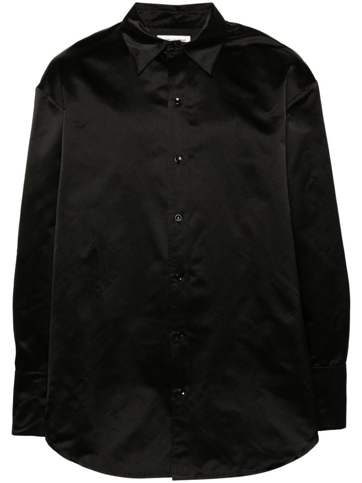 black silk duchess satin weave straight-point collar long sleeves with buttoned cuffs curved hem front button fastening Weave Straight, Duchess Satin, City Shorts, Satin Shirt, Balenciaga Triple S, Summer Beach Wear, Short Suit, Light Jacket, Black Silk