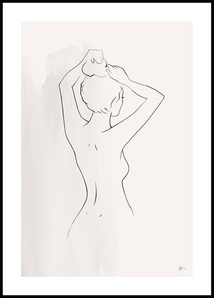 a black and white drawing of a woman's back with her hands behind her head