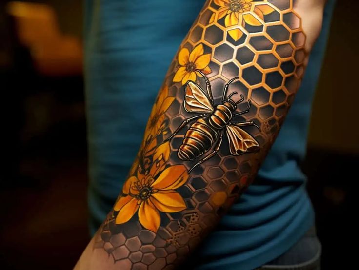 a man with a tattoo on his arm has a honeybee and flowers on it