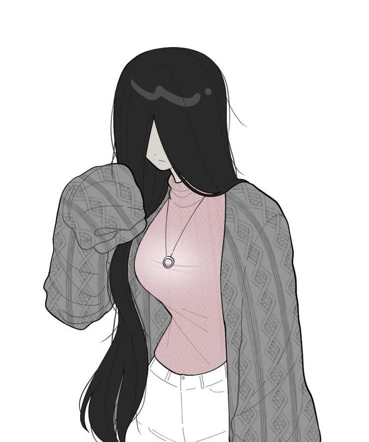 a drawing of a woman with long black hair wearing white pants and a pink shirt