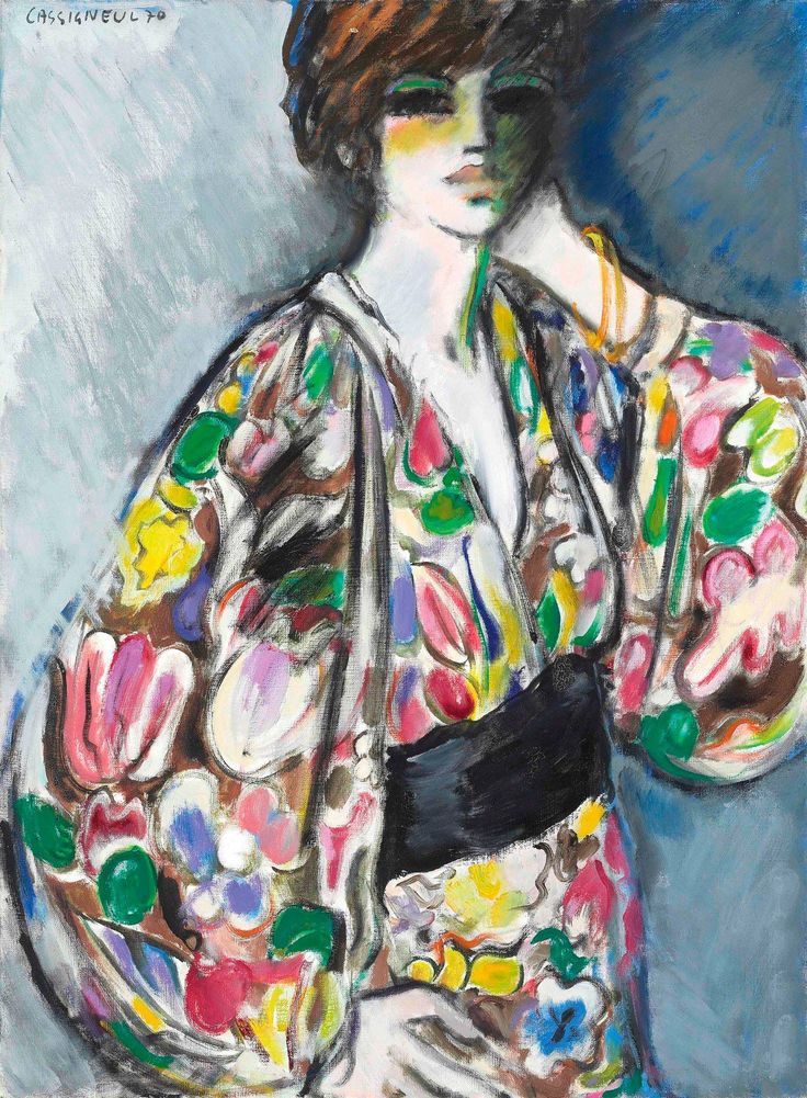 a painting of a woman in a kimono with flowers on it's chest