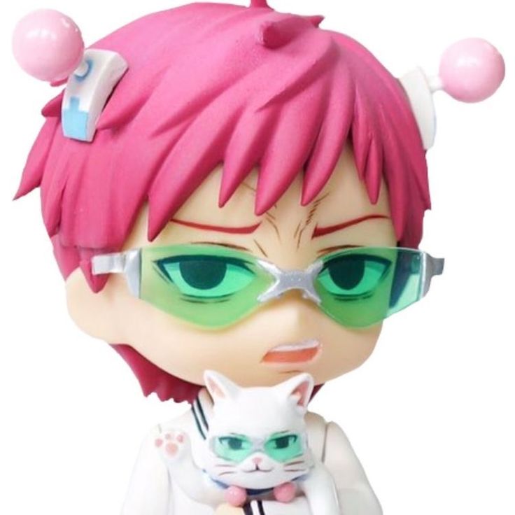 a close up of a figurine with pink hair and glasses holding a cat