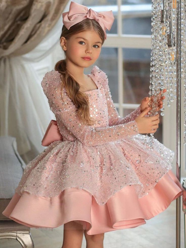 Gaun Tulle, Wedding Dresses For Kids, White Ball Gowns, Princess Flower Girl Dresses, Puffy Dresses, Gown Pattern, Girls Formal Dresses, Wedding Dresses For Girls, Long Sleeve Sequin