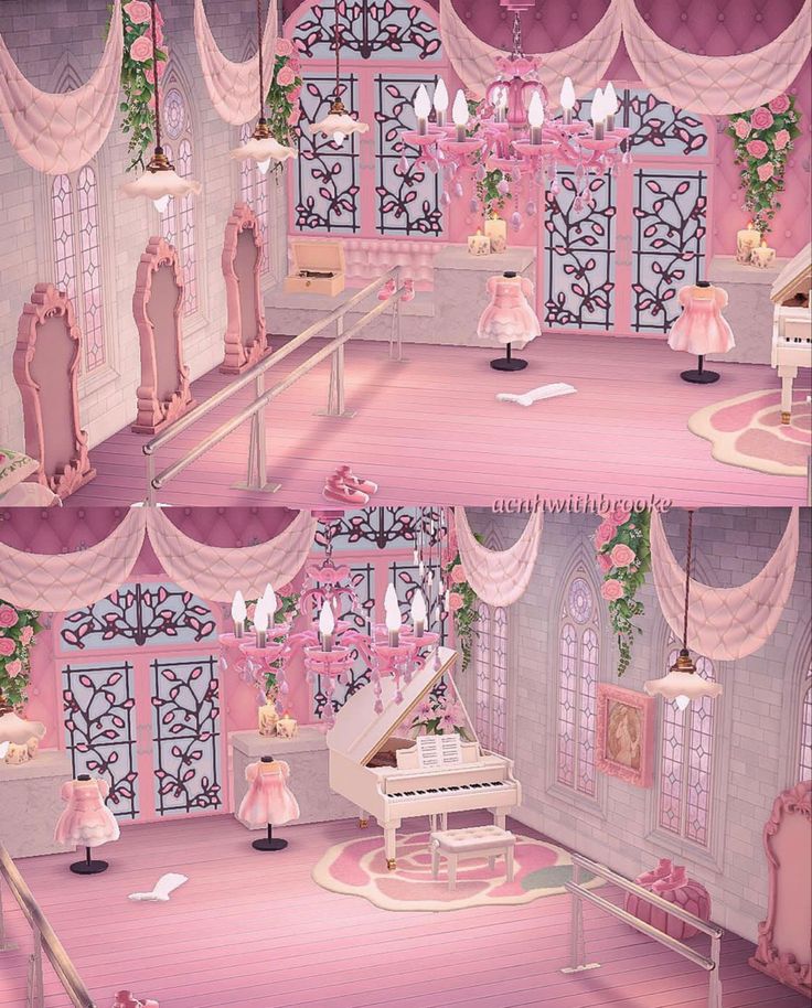 the interior of a dollhouse with pink furniture and chandeliers