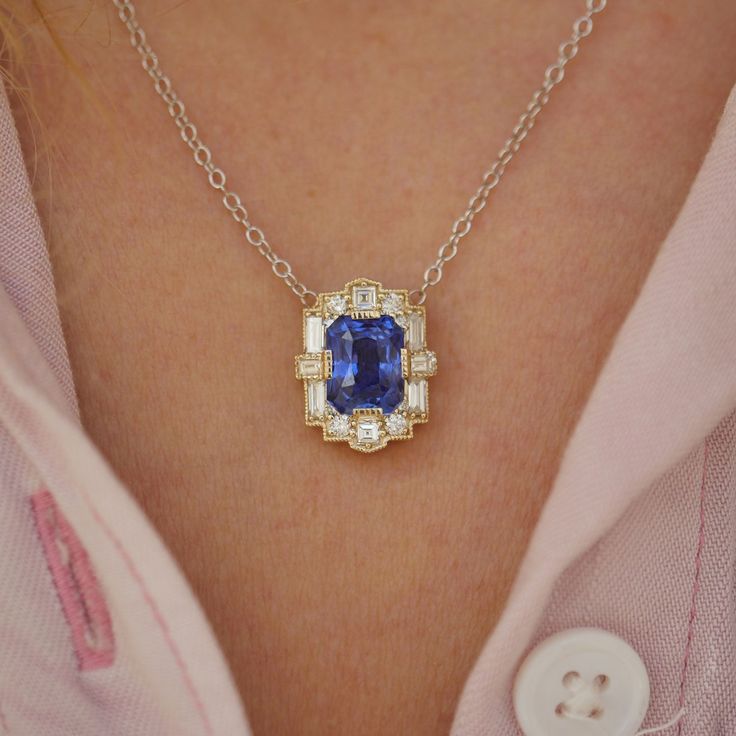 Item Details: One natural blue sapphire, intense blue weighing approx. 3.00 ctw. Sixteen natural baguette, carré, and round brilliant cut diamonds weighing approx. 0.60 ctw, F color VS clarity. Set in 14k yellow gold. Chain is 14K white gold with stations at 16” and 18”, 1.3mm cable chain. This necklace was custom created with one-of-a-kind stones. Email custom@berlingerrings.com to create a similar necklace. Enquire Design a custom piece with us Berlinger Jewelry, Sapphire Diamond Pendant, Diamond Mosaic, Yellow Gold Chain, Natural Blue Sapphire, Sapphire Diamond, Round Brilliant Cut Diamond, Round Brilliant Cut, Brilliant Cut Diamond