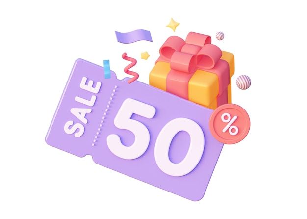 a purple sale sign with presents and confetti on it