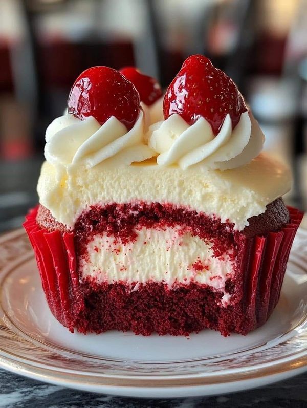 a piece of red velvet cupcake with white frosting and strawberries on top