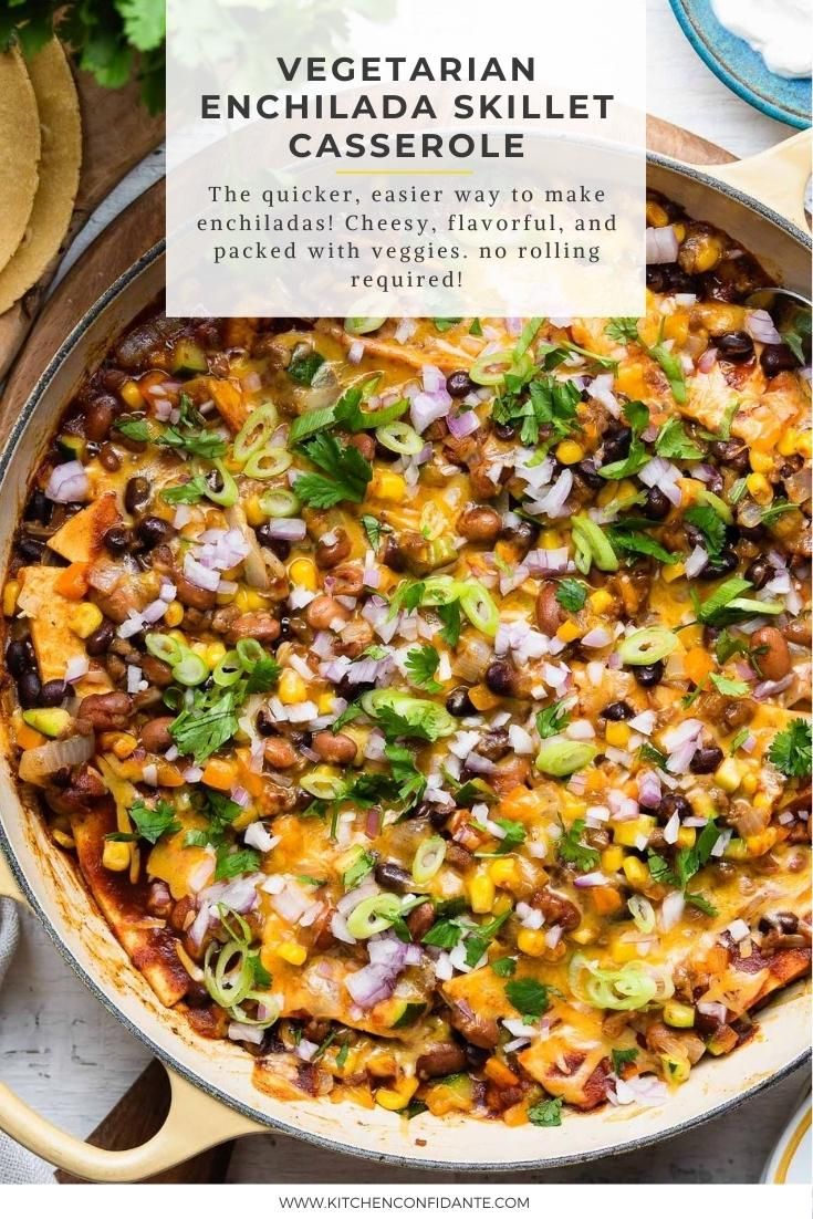 vegetarian enchilada skillet with text overlay