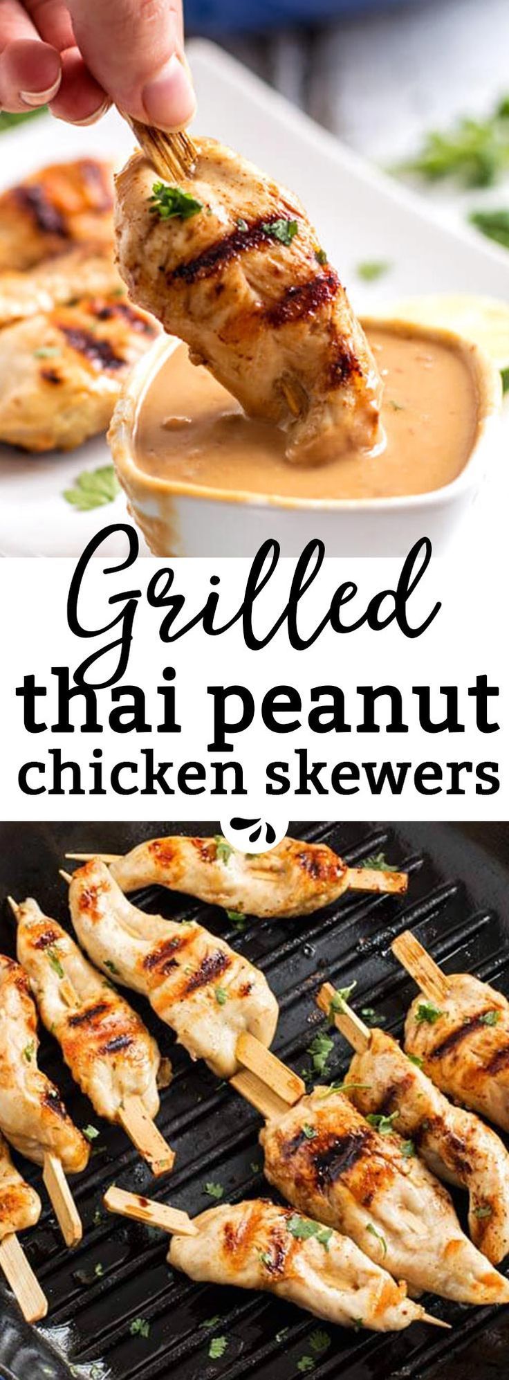 grilled thai peanut chicken skewers on a grill with dipping sauce in the background