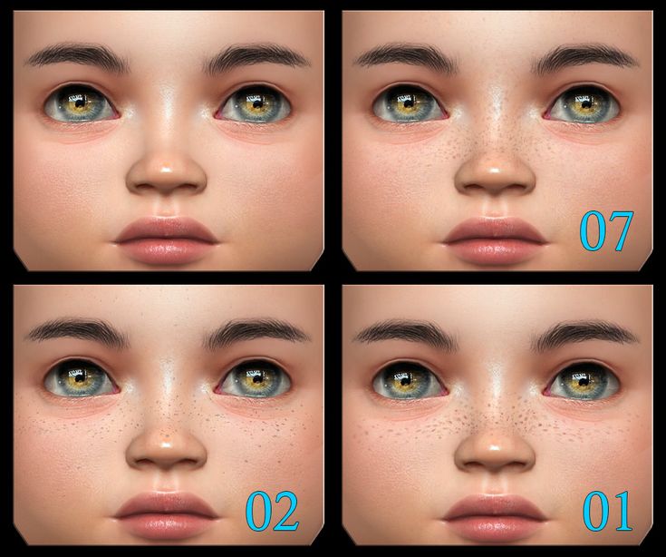 four different views of the same woman's face with blue eyes and freckles