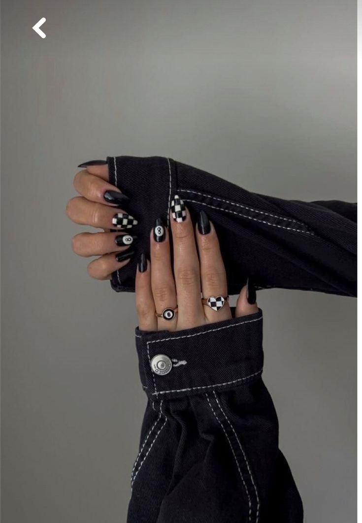 Black And White Checkered Nails Acrylic, Trendy Nail Art Square, Black And White Nail Aesthetic, Black And White Edgy Nails, Mya Benway Nails, Checker French Tip Nails, Black And White Funky Nails, Black Nails Nail Art, Black Rock Nails