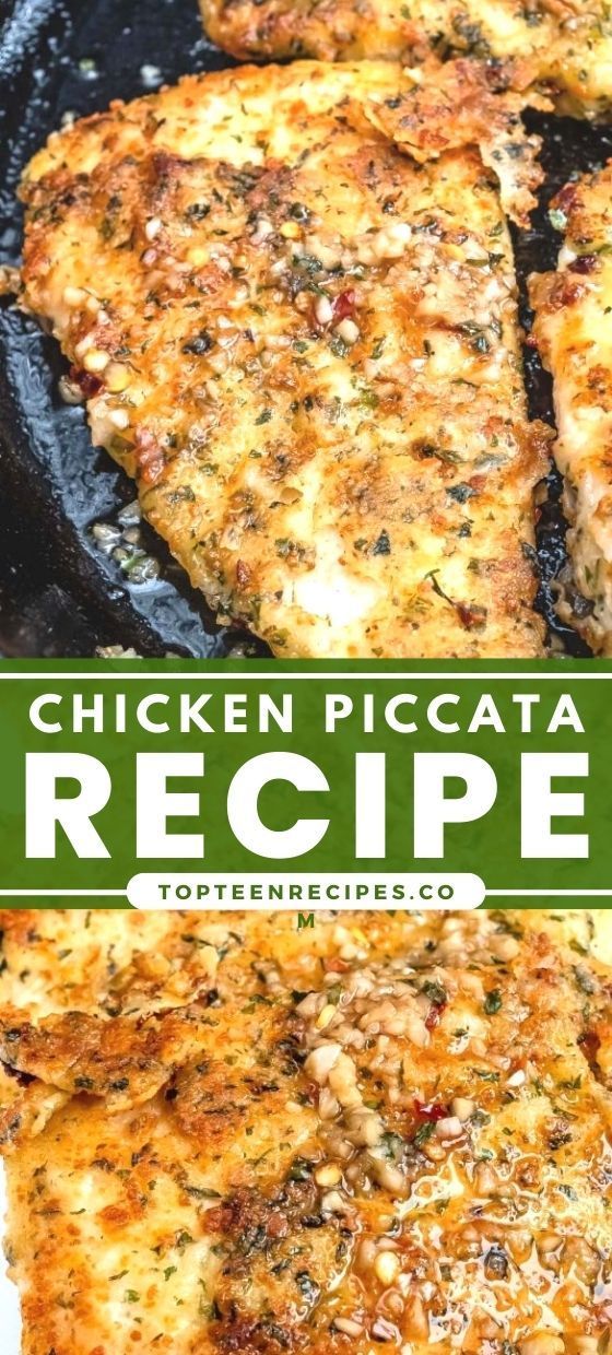 chicken piccata recipe with text overlay