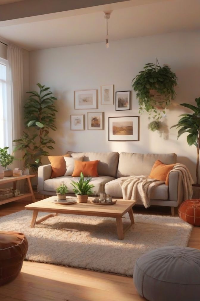 a living room filled with lots of furniture and potted plants on top of it