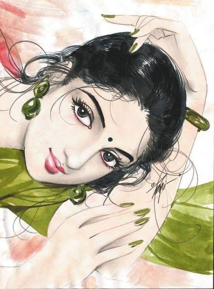 a drawing of a woman with her hair blowing in the wind and wearing a green dress