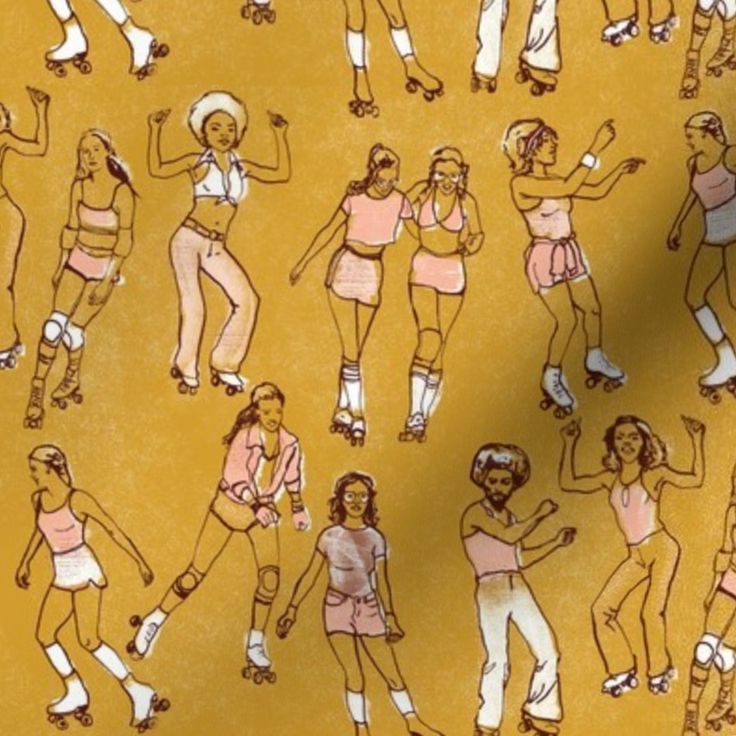 a yellow background with various images of women rollerblading and skateboarding in different poses