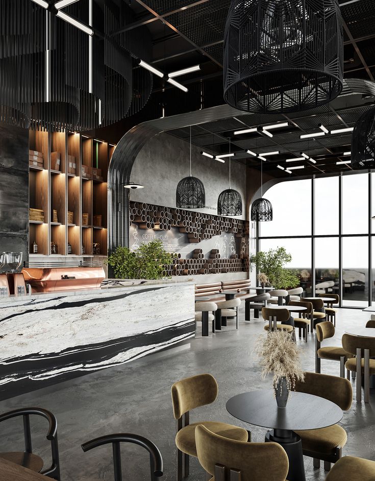 an empty restaurant with tables and chairs