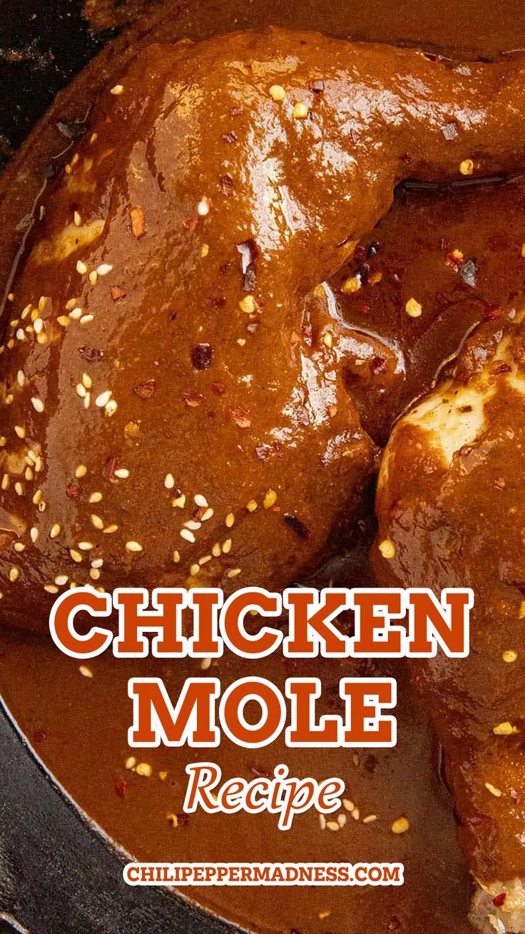 chicken mole recipe in a skillet with text overlay