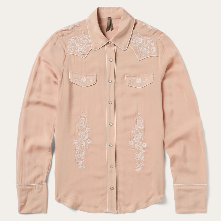 Blush Embroidered Western Shirt Embroidered Cowboy Shirt, Western Style Embroidered Button-up Top, Embroidered Button-up Western Tops, Spring Western Button-up Blouse, Spring Western Style Button-up Blouse, Western Style Button-up Blouse For Spring, Spring Rodeo Button-up Shirt, Western Style Blouse For Spring Rodeo, Spring Long Sleeve Blouse For Rodeo