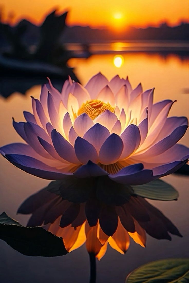 a large white flower sitting on top of a lake next to a boat at sunset