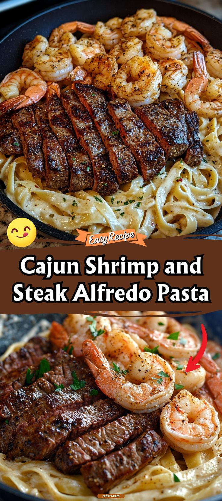 steak, shrimp and pasta in a skillet with the words cajun shrimp and steak alfredo